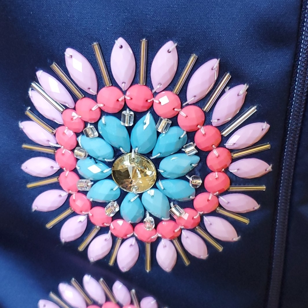 Size 8 TOP ONLY beaded navy satin Off Shoulder Crop Corset by Rachel Allan - Picture 7 of 9